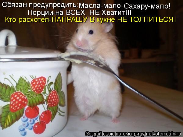 Кто расхотел-ПАПРАШУ В кухне НЕ ТОЛПИТЬСЯ! Обязан предупредить: Масла-мало! Сахару-мало! Порции-на В... Котоматрица: Кто расхотел-ПАПРАШУ В кухне НЕ ТОЛПИТЬСЯ! Обязан предупредить: Масла-мало! Сахару-мало! Порции-на ВСЕХ НЕ Хватит!!!