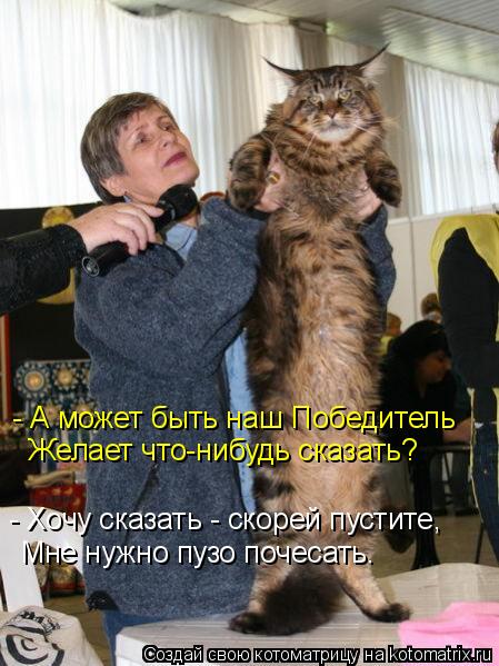 - А может быть наш Победитель Желает что-нибудь сказать? - Хочу сказать - скорей пустите, Мне нужно п... Котоматрица: - А может быть наш Победитель Желает что-нибудь сказать? - Хочу сказать - скорей пустите, Мне нужно пузо почесать.