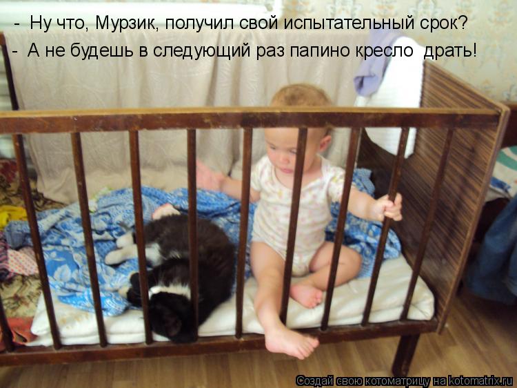 - Ну что, Мурзик, получил свой испытательный срок? - А не будешь в следующий раз папино кресло дра... Котоматрица: - Ну что, Мурзик, получил свой испытательный срок? - А не будешь в следующий раз папино кресло драть!