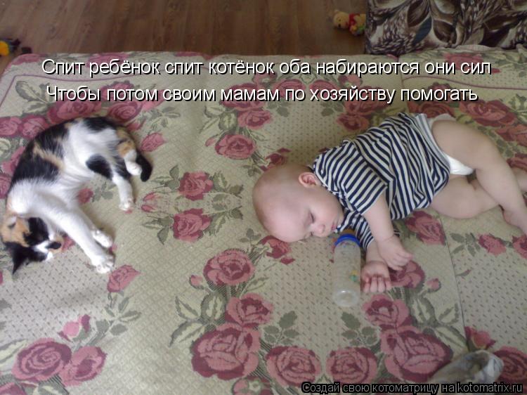 Спит ребёнок спит котёнок оба набираются они сил Чтобы потом своим мамам по хозяйству помогать... Котоматрица: Спит ребёнок спит котёнок оба набираются они сил Чтобы потом своим мамам по хозяйству помогать