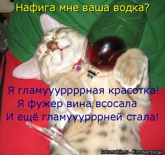 Котоматрица: Нафига мне ваша водка? Я гламуууррррная красотка!  Я фужер вина всосала И ещё гламууурррней стала!