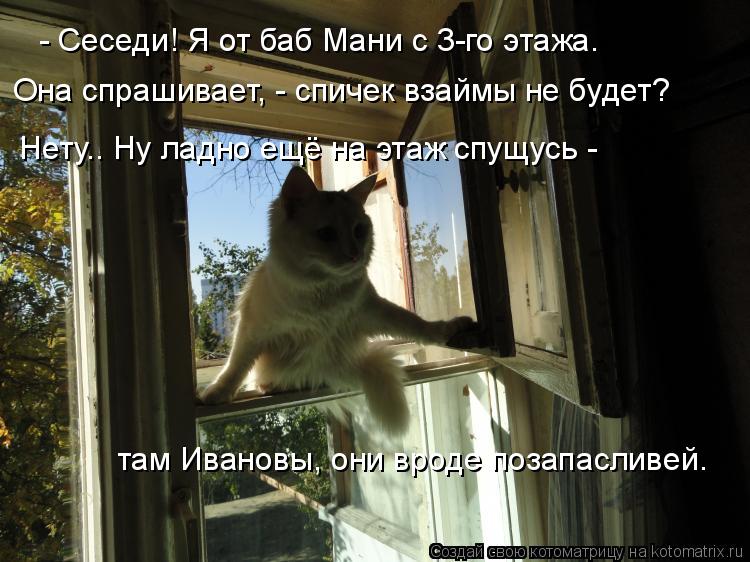 - Сеседи! Я от баб Мани с 3-го этажа. Она спрашивает, - спичек взаймы не будет? Нету.. Ну ладно ещё н... Котоматрица: - Сеседи! Я от баб Мани с 3-го этажа. Она спрашивает, - спичек взаймы не будет? Нету.. Ну ладно ещё на этаж спущусь - там Ивановы, они вроде позапа