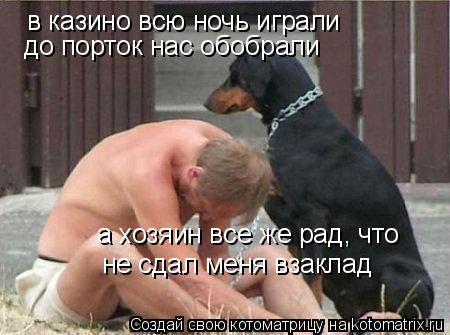 в казино всю ночь играли до порток нас обобрали а хозяин все же рад, что не сдал меня взаклад... Котоматрица: в казино всю ночь играли до порток нас обобрали а хозяин все же рад, что не сдал меня взаклад