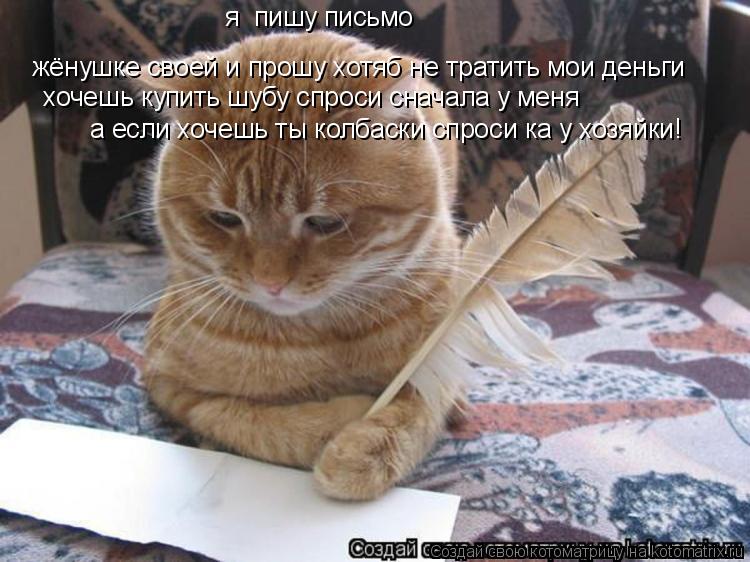 я пишу письмо жёнушке своей и прошу хотяб не тратить мои деньги хочешь купить шубу спроси сначала у м... Котоматрица: я пишу письмо жёнушке своей и прошу хотяб не тратить мои деньги хочешь купить шубу спроси сначала у меня а если хочешь ты колбаски спроси ка