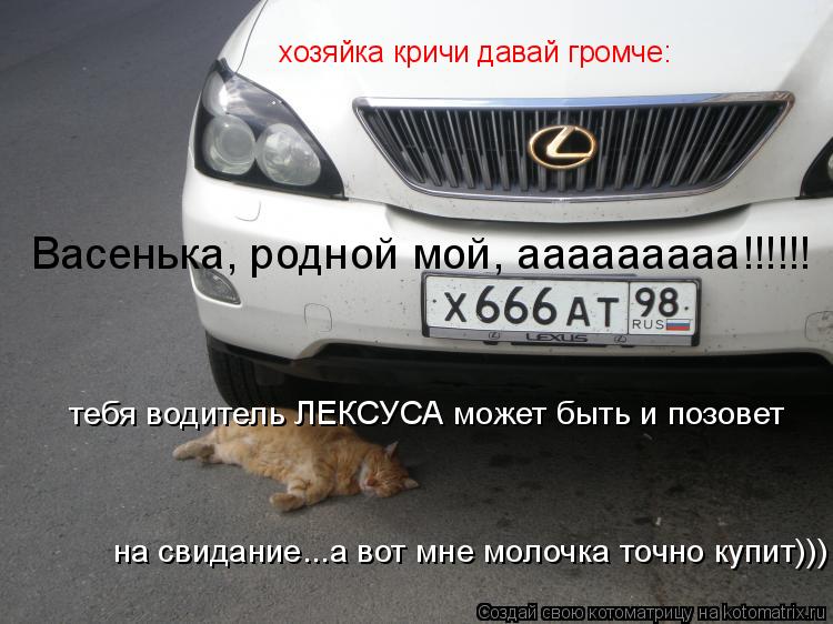 хозяйка кричи давай громче: Васенька, родной мой, ааааааааа!!!!!! тебя водитель ЛЕКСУСА может быть и ... Котоматрица: хозяйка кричи давай громче: Васенька, родной мой, ааааааааа!!!!!! тебя водитель ЛЕКСУСА может быть и позовет на свидание...а вот мне молочка то
