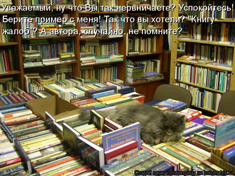 Уважаемый, ну что Вы так нервничаете? Успокойтесь! Берите пример с меня! Так что вы хотели? "Книгу жа... Котоматрица: Уважаемый, ну что Вы так нервничаете? Успокойтесь! Берите пример с меня! Так что вы хотели? "Книгу жалоб"? А автора, случайно, не помните?