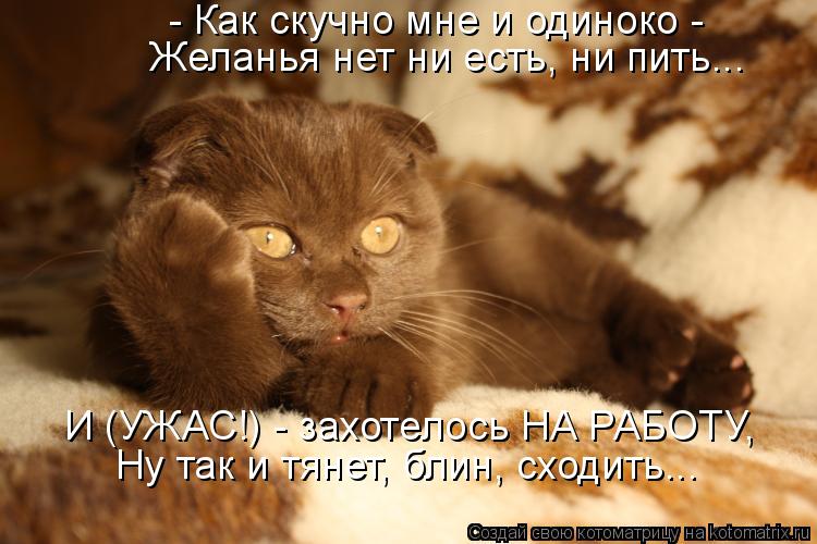 - Как скучно мне и одиноко - Желанья нет ни есть, ни пить... И (УЖАС!) - захотелось НА РАБОТУ, Ну та... Котоматрица: - Как скучно мне и одиноко - Желанья нет ни есть, ни пить... И (УЖАС!) - захотелось НА РАБОТУ, Ну так и тянет, блин, сходить...