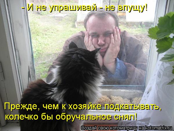 Котоматрица: - И не упрашивай - не впущу! Прежде, чем к хозяйке подкатывать, колечко бы обручальное снял!