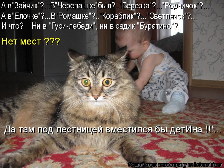 И что? Ни в "Гуси-лебеди", ни в садик "Буратино"?... Нет мест ??? А в"Зайчик"?...В"Черепашке"был?.... Котоматрица: И что? Ни в "Гуси-лебеди", ни в садик "Буратино"?... Нет мест ??? А в"Зайчик"?...В"Черепашке"был?.."Берёзка"?..."Родничок"?... А в"Елочке"?...В"Ром