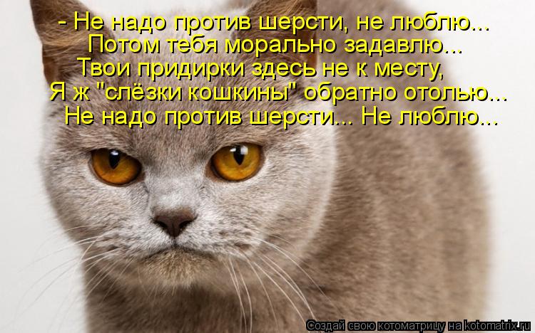 - Не надо против шерсти, не люблю... Потом тебя морально задавлю... Твои придирки здесь не к месту, Я... Котоматрица: - Не надо против шерсти, не люблю... Потом тебя морально задавлю... Твои придирки здесь не к месту, Я ж "слёзки кошкины" обратно отолью... Не надо