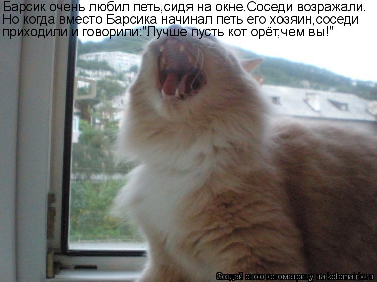 Котоматрица: Барсик очень любил петь,сидя на окне.Соседи возражали. Но когда вместо Барсика начинал петь его хозяин,соседи приходили и говорили:"Лучше п