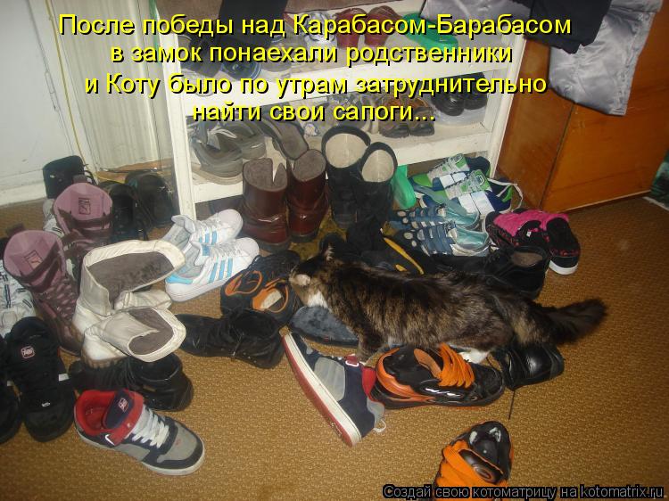 в замок понаехали родственники и Коту было по утрам затруднительно найти свои сапоги... После победы... Котоматрица: в замок понаехали родственники и Коту было по утрам затруднительно найти свои сапоги... После победы над Карабасом-Барабасом