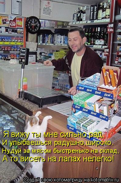 Котоматрица: Я вижу ты мне сильно рад, И улыбаешься радушно,широко. Ну,дуй за мясом быстренько на склад, А то висеть на лапах нелегко!