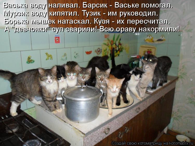 Васька воду наливал. Барсик - Ваське помогал. Мурзик воду кипятил. Тузик - им руководил. А "девчонки"... Котоматрица: Васька воду наливал. Барсик - Ваське помогал. Мурзик воду кипятил. Тузик - им руководил. А "девчонки" суп сварили! Всю ораву накормили! Борька