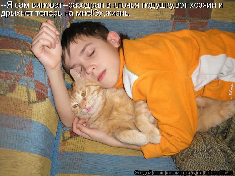 --Я сам виноват--разодрал в клочья подушку,вот хозяин и дрыхнет теперь на мне!Эх,жизнь...... Котоматрица: --Я сам виноват--разодрал в клочья подушку,вот хозяин и дрыхнет теперь на мне!Эх,жизнь...