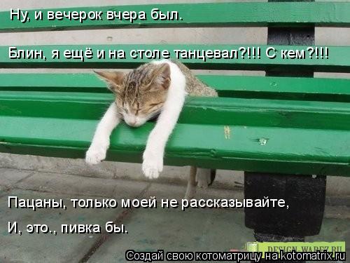 Ну, и вечерок вчера был… Блин, я ещё и на столе танцевал?!!! С кем?!!! Пацаны, только моей не рассказ... Котоматрица: Ну, и вечерок вчера был… Блин, я ещё и на столе танцевал?!!! С кем?!!! Пацаны, только моей не рассказывайте, И, это…, пивка бы…
