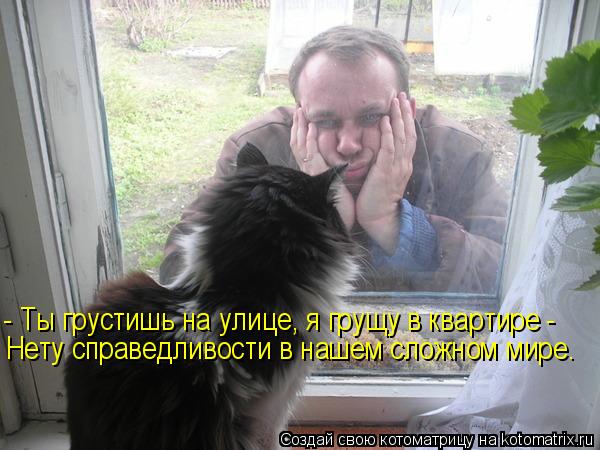 - Ты грустишь на улице, я грущу в квартире - Нету справедливости в нашем сложном мире.... Котоматрица: - Ты грустишь на улице, я грущу в квартире - Нету справедливости в нашем сложном мире.