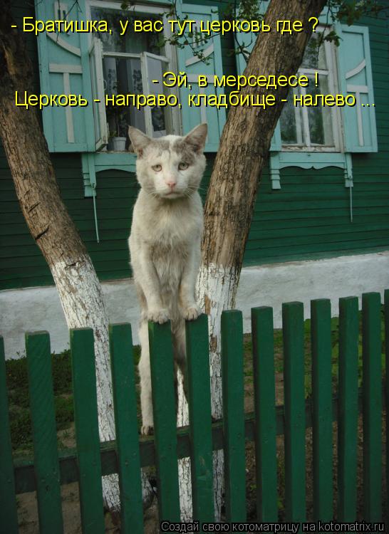 - Эй, в мерседесе ! Церковь - направо, кладбище - налево ... - Братишка, у вас тут церковь где ?... Котоматрица: - Эй, в мерседесе ! Церковь - направо, кладбище - налево ... - Братишка, у вас тут церковь где ?