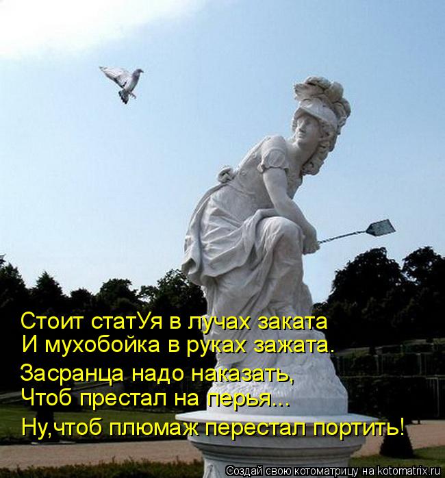И мухобойка в руках зажата. Засранца надо наказать, Чтоб престал на перья... Ну,чтоб плюмаж перестал ... Котоматрица: И мухобойка в руках зажата. Засранца надо наказать, Чтоб престал на перья... Ну,чтоб плюмаж перестал портить! Стоит статУя в лучах заката