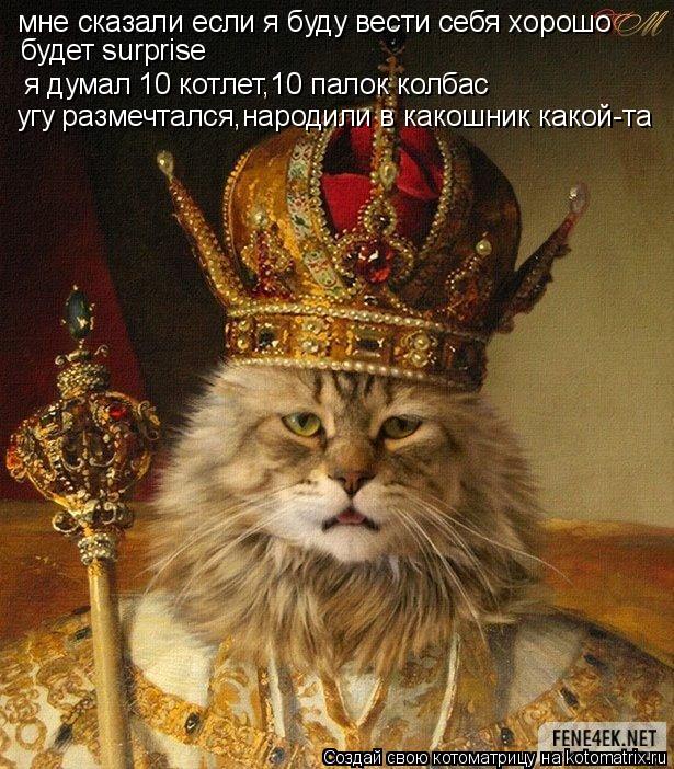 мне сказали если я буду вести себя хорошо будет surprise я думал 10 котлет,10 палок колбас угу размеч... Котоматрица: мне сказали если я буду вести себя хорошо будет surprise я думал 10 котлет,10 палок колбас угу размечтался,народили в какошник какой-та