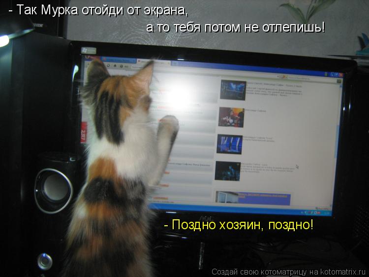 - Так Мурка отойди от экрана, а то тебя потом не отлепишь! - Поздно хозяин, поздно!... Котоматрица: - Так Мурка отойди от экрана, а то тебя потом не отлепишь! - Поздно хозяин, поздно!
