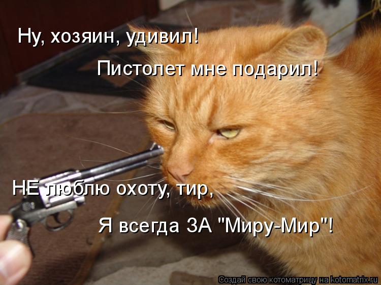 Ну, хозяин, удивил! Пистолет мне подарил! НЕ люблю охоту, тир, Я всегда ЗА "Миру-Мир"!... Котоматрица: Ну, хозяин, удивил! Пистолет мне подарил! НЕ люблю охоту, тир, Я всегда ЗА "Миру-Мир"!