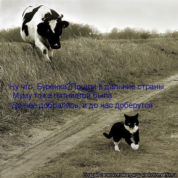 Ну что, Буренка?Пошли в дальние страны. До нее добрались, и до нас доберутся Муму тоже пятнистой была... Котоматрица: Ну что, Буренка?Пошли в дальние страны. До нее добрались, и до нас доберутся Муму тоже пятнистой была