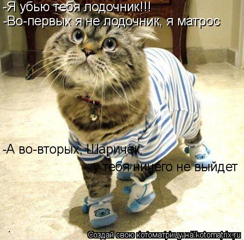 Котоматрица: -Я убью тебя лодочник!!! -Во-первых я не лодочник, я матрос -А во-вторых, Шаричек,  у тебя ничего не выйдет