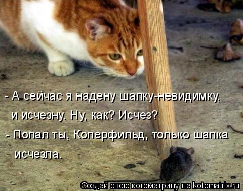 - А сейчас я надену шапку-невидимку, и исчезну… Ну, как? Исчез? - Попал ты, Коперфильд, только шапка ... Котоматрица: - А сейчас я надену шапку-невидимку, и исчезну… Ну, как? Исчез? - Попал ты, Коперфильд, только шапка - Попал ты, Коперфильд, только шапка исчезл