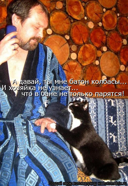 А давай, ты мне батон колбасы... И хозяйка не узнает... что в бане не только парятся!... Котоматрица: А давай, ты мне батон колбасы... И хозяйка не узнает... что в бане не только парятся!