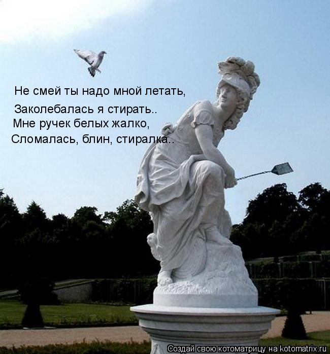 Не смей ты недо мной летать, Не смей ты надо мной летать, Заколебалась я стирать.. Мне ручек белых жа... Котоматрица: Не смей ты недо мной летать, Не смей ты надо мной летать, Заколебалась я стирать.. Мне ручек белых жалко, Сломалась, блин, стиралка..