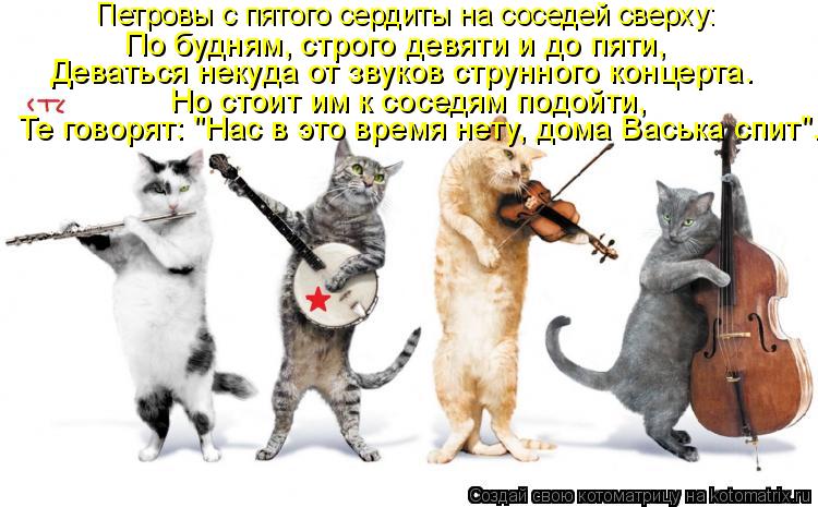 Петровы с пятого сердиты на соседей сверху: По будням, строго девяти и до пяти, Деваться некуда от зв... Котоматрица: Петровы с пятого сердиты на соседей сверху: По будням, строго девяти и до пяти, Деваться некуда от звуков струнного концерта. Но стоит им к с