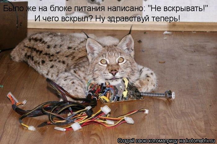 Котоматрица: Было же на блоке питания написано: "Не вскрывать!" И чего вскрыл? Ну здравствуй теперь!