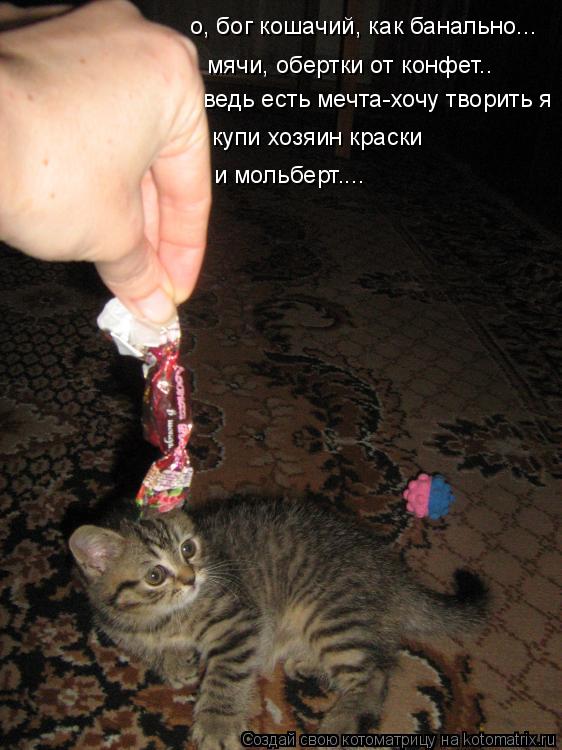 о, бог кошачий, как банально... мячи, обертки от конфет.. ведь есть мечта-хочу творить я купи хозяин ... Котоматрица: о, бог кошачий, как банально... мячи, обертки от конфет.. ведь есть мечта-хочу творить я купи хозяин краски и мольберт....
