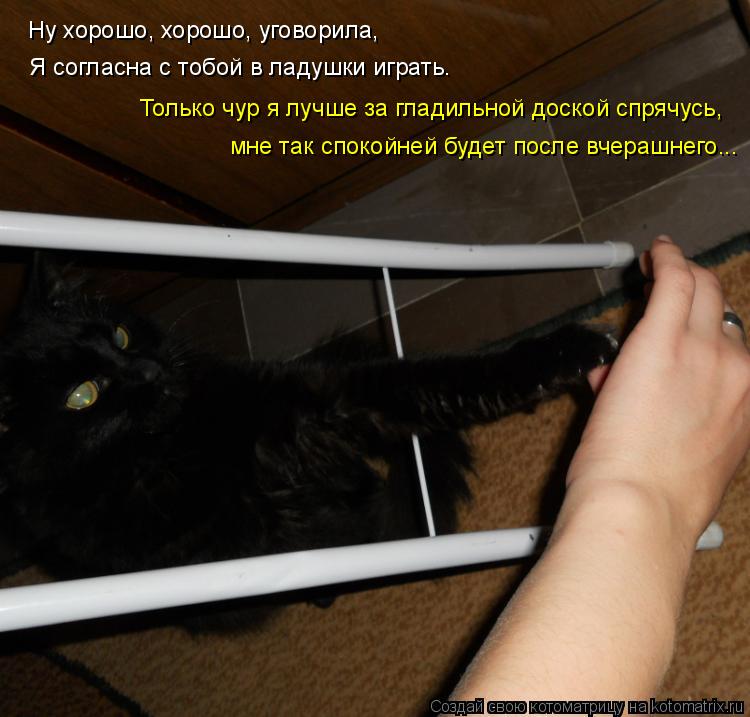 Ну хорошо, хорошо, уговорила, Я согласна с тобой в ладушки играть. Только чур я лучше за гладильной д... Котоматрица: Ну хорошо, хорошо, уговорила, Я согласна с тобой в ладушки играть. Только чур я лучше за гладильной доской спрячусь, мне так спокойней будет