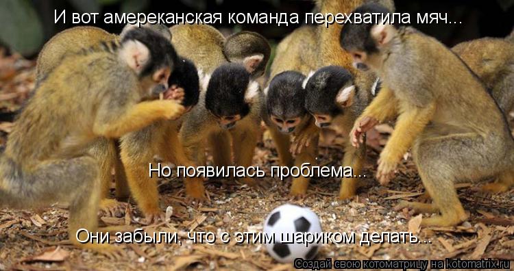 Котоматрица: И вот амереканская команда перехватила мяч... Но появилась проблема... Они забыли, что с этим шариком делать...