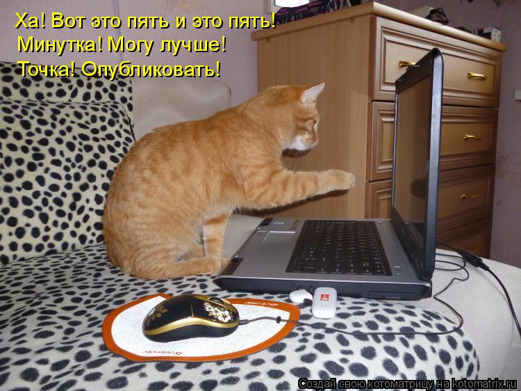 Котоматрица: Минутка! Могу лучше! Точка! Опубликовать! Ха! Вот это пять и это пять!