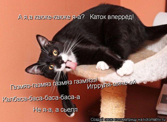 Котоматрица: Газмяз-газмяз газмяз газмязз! Игрруля-мяче-эй Калбаса-баса-баса-баса-а А я,а какже-какже я-а?   Каток вперрёд! Не я-а, а сьелл