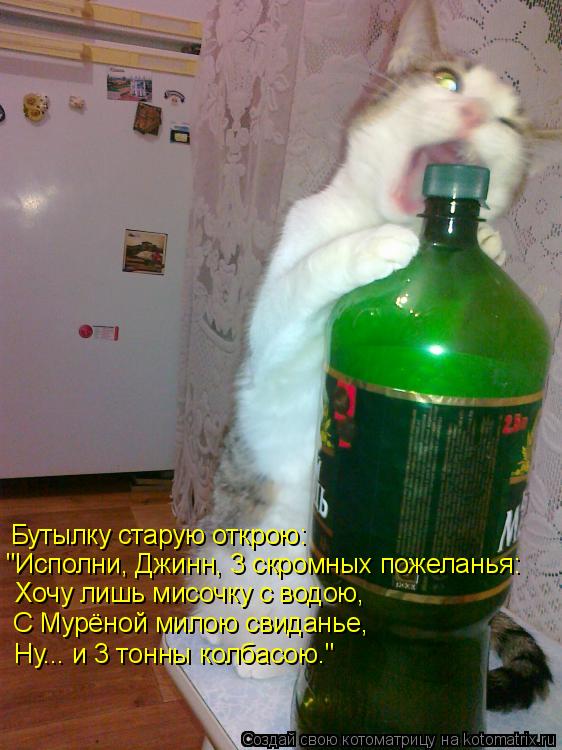 Котоматрица: Бутылку старую открою: "Исполни, Джинн, 3 скромных пожеланья: Хочу лишь мисочку с водою, С Мурёной милою свиданье, Ну... и 3 тонны колбасою."