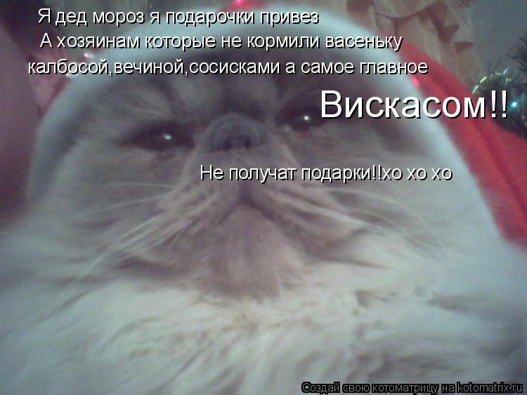 Котоматрица: Я дед мороз я подарочки привез А хозяинам которые не кормили васеньку калбосой,вечиной,сосисками а самое главное Вискасом!! Не получат пода