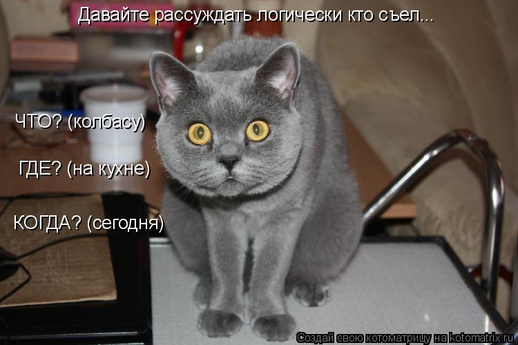 Котоматрица: ЧТО? (колбасу)  ГДЕ? (на кухне)  КОГДА? (сегодня)    Давайте рассуждать логически кто съел...