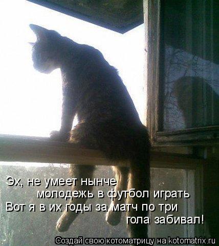 Эх, не умеет нынче молодежь в футбол играть Вот я в их годы за матч по три гола забивал!... Котоматрица: Эх, не умеет нынче молодежь в футбол играть Вот я в их годы за матч по три гола забивал!