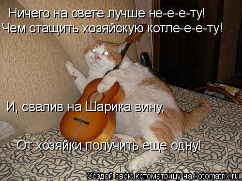 Ничего на свете лучше не-е-е-ту! Чем стащить хозяйскую котле-е-е-ту! И, свалив на Шарика вину, От хоз... Котоматрица: Ничего на свете лучше не-е-е-ту! Чем стащить хозяйскую котле-е-е-ту! И, свалив на Шарика вину, От хозяйки получить еще одну!
