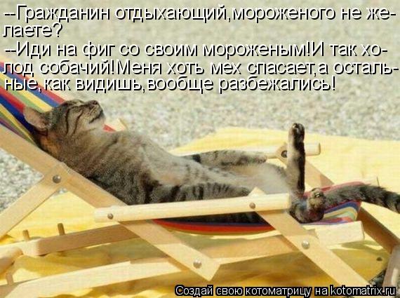--Гражданин отдыхающий,мороженого не же- лаете? --Иди на фиг со своим мороженым!И так хо- лод собачий... Котоматрица: --Гражданин отдыхающий,мороженого не же- лаете? --Иди на фиг со своим мороженым!И так хо- лод собачий!Меня хоть мех спасает,а осталь- ные,как ви