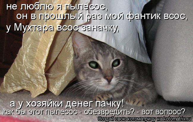 не люблю я пылесос, он в прошлый раз мой фантик всос, у Мухтара всос заначку, а у хозяйки денег пачк... Котоматрица: не люблю я пылесос, он в прошлый раз мой фантик всос, у Мухтара всос заначку, а у хозяйки денег пачку! как бы этот пылесос - обезвредить? - вот