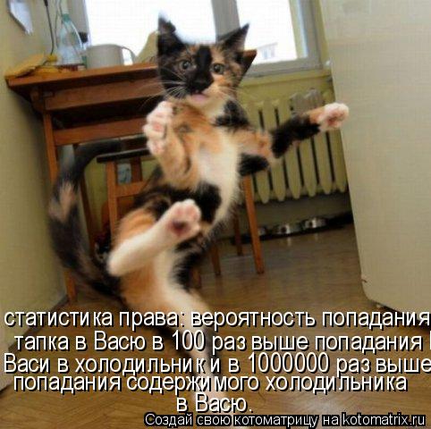статистика права: вероятность попадания тапка в Васю в 100 раз выше попадания Васи в холодильник и в ... Котоматрица: статистика права: вероятность попадания тапка в Васю в 100 раз выше попадания Васи в холодильник и в 1000000 раз выше попадания содержимого холо
