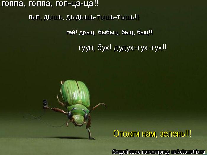 Котоматрица: гоппа, гоппа, гоп-ца-ца!! гып, дышь, дыдышь-тышь-тышь!! гууп, бух! дудух-тух-тух!! Отожги нам, зелень!!! гей! дрыц, быбыц, быц, быц!!