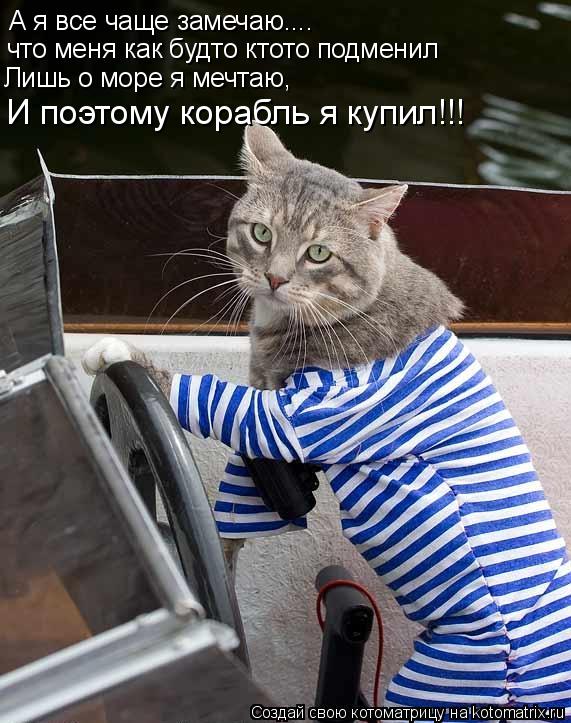 А я все чаще замечаю.... что меня как будто ктото подменил Лишь о море я мечтаю, И поэтому корабль я ... Котоматрица: А я все чаще замечаю.... что меня как будто ктото подменил Лишь о море я мечтаю, И поэтому корабль я купил!!!