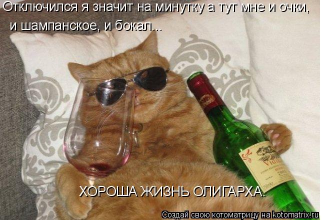 Отключился я значит на минутку а тут мне и очки, и шампанское, и бокал... ХОРОША ЖИЗНЬ ОЛИГАРХА.... Котоматрица: Отключился я значит на минутку а тут мне и очки, и шампанское, и бокал... ХОРОША ЖИЗНЬ ОЛИГАРХА.
