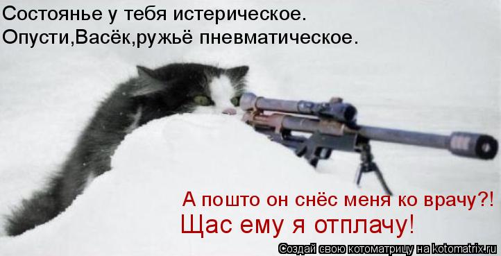 Состоянье у тебя истерическое. Опусти,Васёк,ружьё пневматическое. А пошто он снёс меня ко врачу?! Щас... Котоматрица: Состоянье у тебя истерическое. Опусти,Васёк,ружьё пневматическое. А пошто он снёс меня ко врачу?! Щас ему я отплачу!